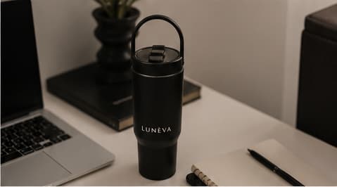 Noir LUNÉVA bottle on a work desk